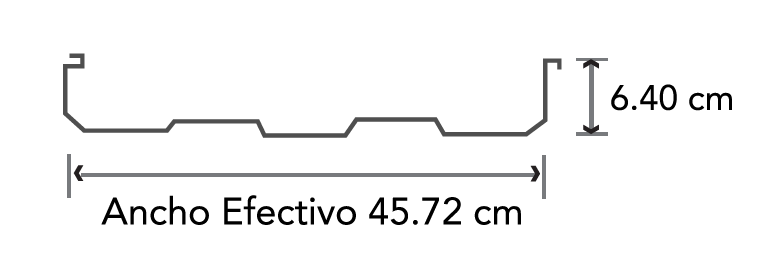 Sección del perfil KR-18: ancho efectivo 45.72 cm (18 pulgadas), peralte 6.40 cm