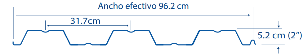 Sección del perfil Losacero 20: ancho efectivo 96.2 cm, peralte 5.2 cm